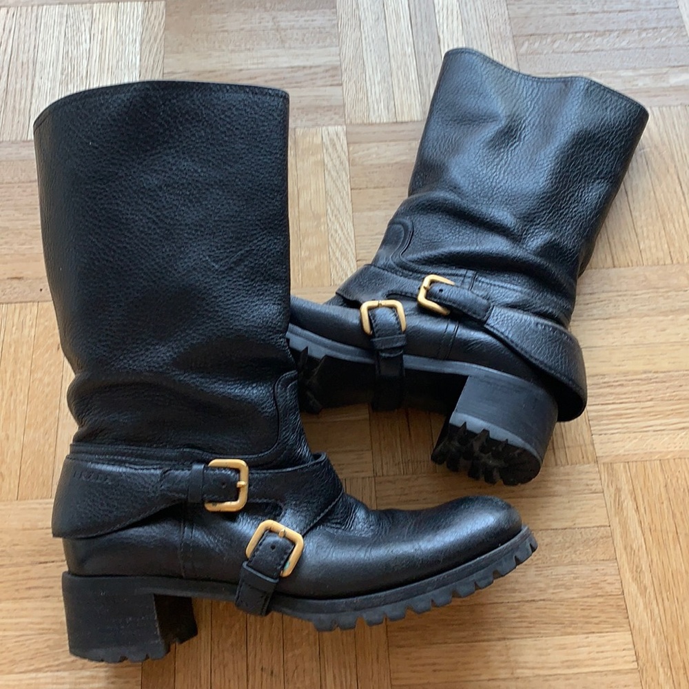 Prada biker boots with gold buckle spurs